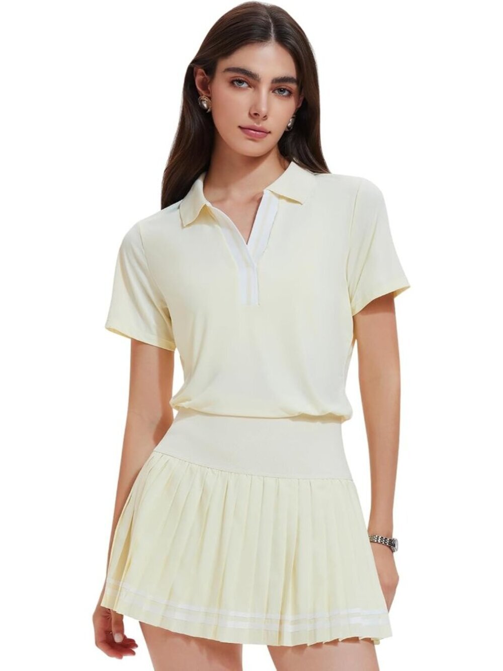 〽️Women Light Yellow 2 Piece Racer Back Tennis Skirt Tank Top Pull On Golf Dress